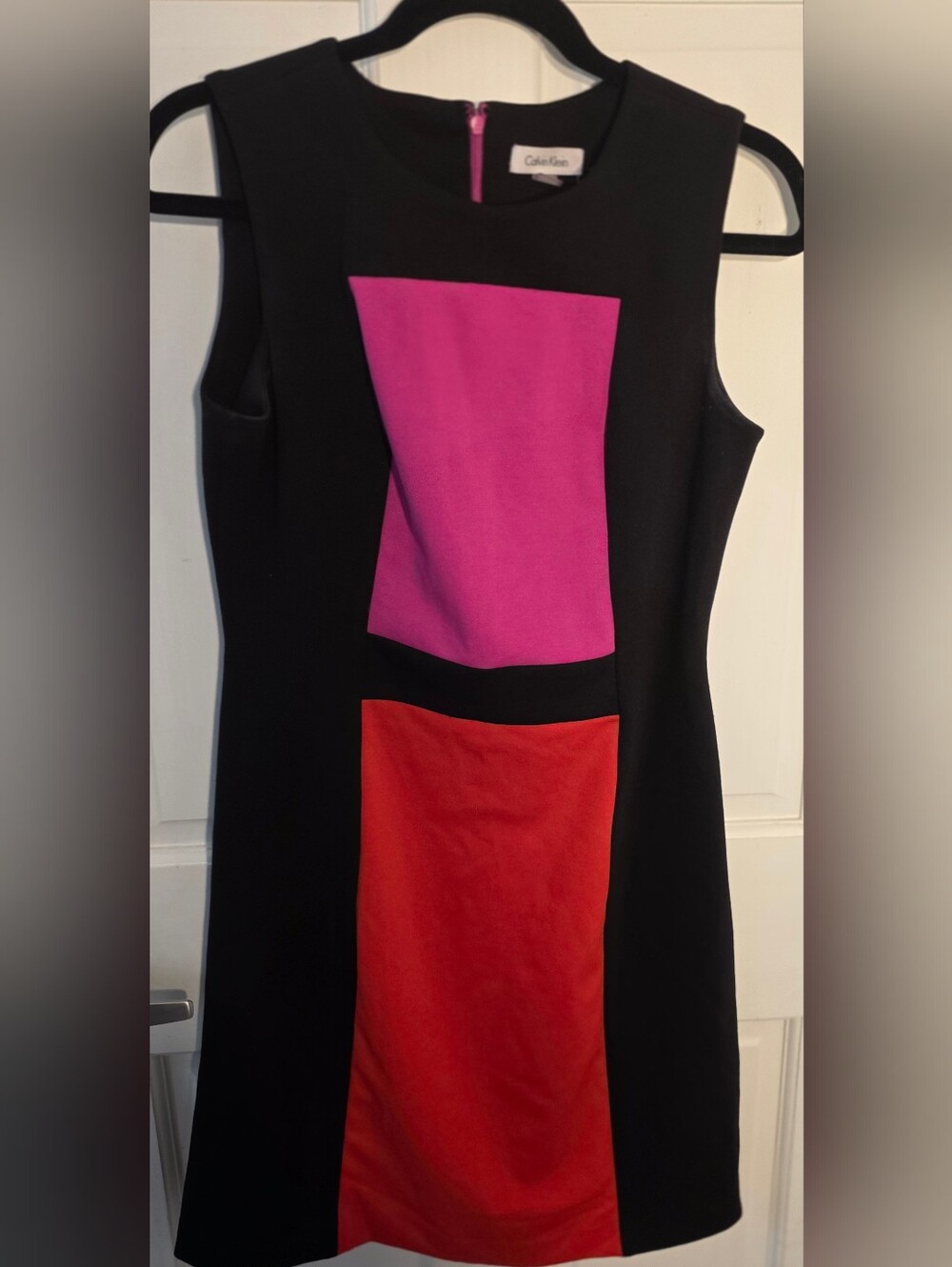 Calvin Klein Black Sleeveless Mini Dress with Pink and Red Colorblocks. Size 6
